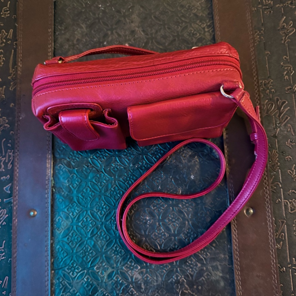 Genuine Leather Red MiniCrossbody Organizer Bag by ILI New York - Picture 7 of 16